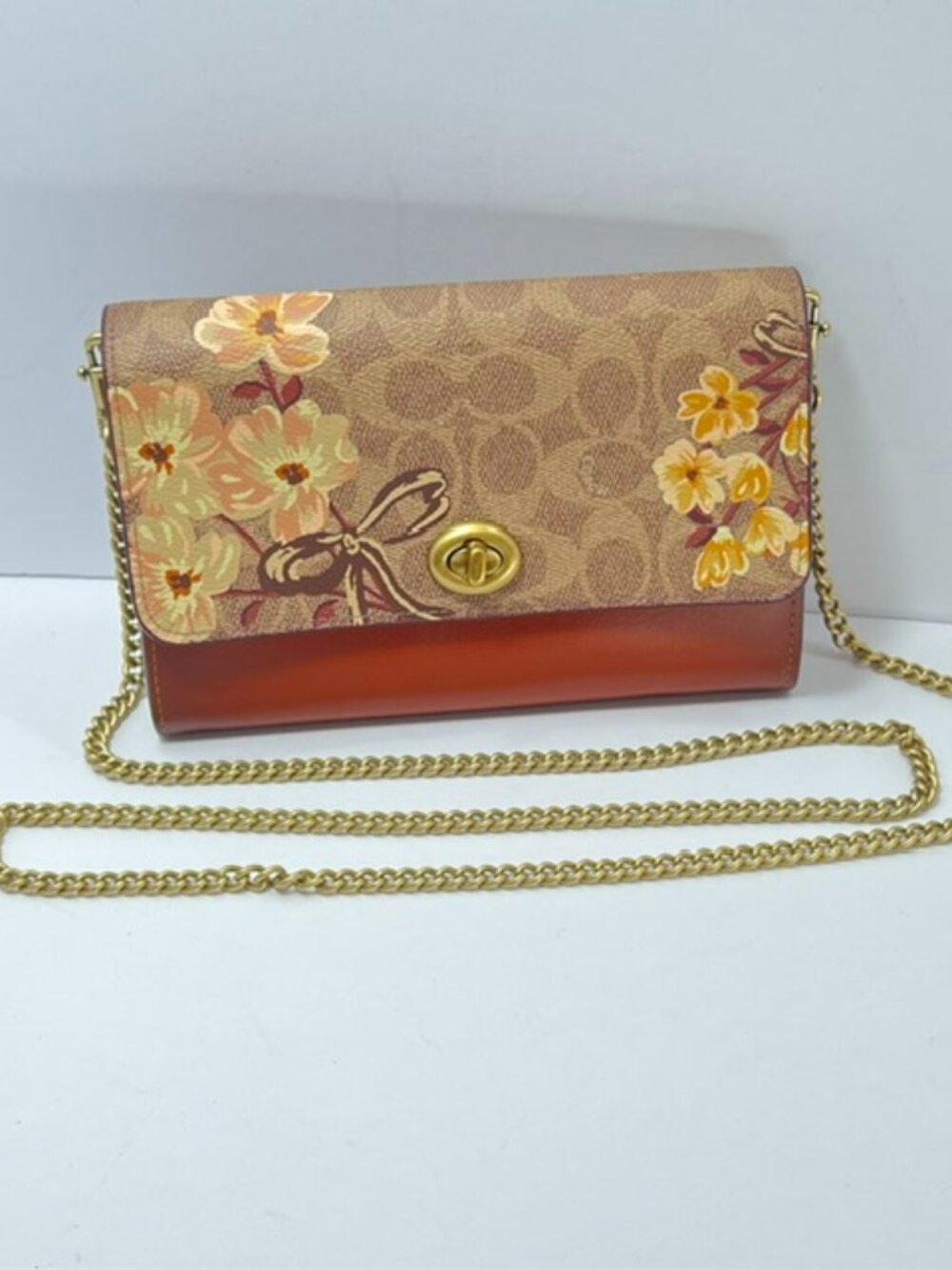 COACH Marlow Turnlock Leather Crossbody w/Chain Strap Prairie Floral Print COA